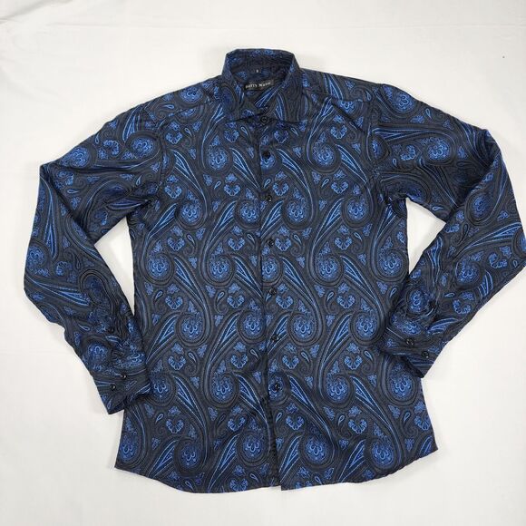 Barry.Wang Men's Black &Blue Paisley Flower Shirt Size S - Picture 1 of 11